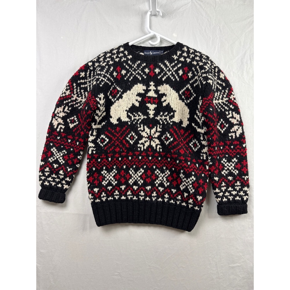 Polo Ralph Lauren Sweater Polar Bear Fair Isle Mens M Black Red Wool Hand Knit